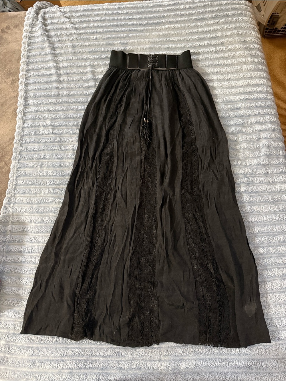 Black Boho Maxi Skirt with Elastic Corset Belt Waist – Size M